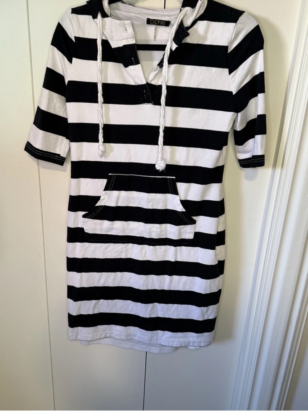 Depri Black & White Striped Midi Dress with Hood lined. Kangaroo pocket
